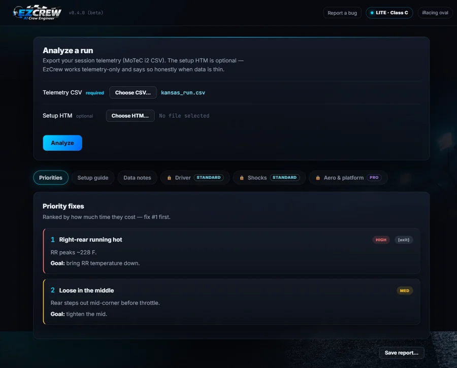 The actual EzCrew desktop app: ranked priority fixes from a Kansas oval run